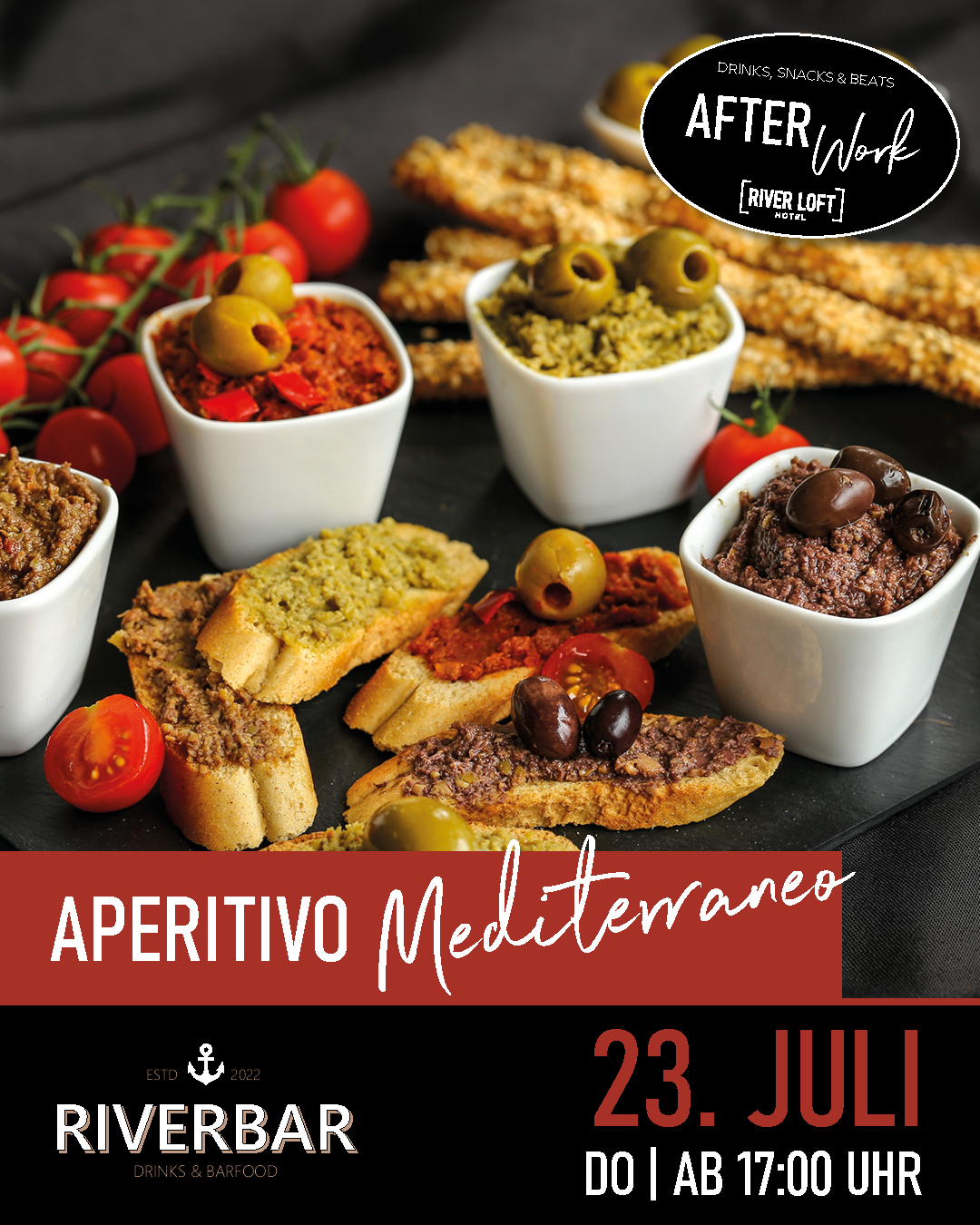Werbung für ein Afterwork-Events, beworben für den 23. Juli mit dem Motto Aperitivo Mediterrano ab 17:00 Uhr